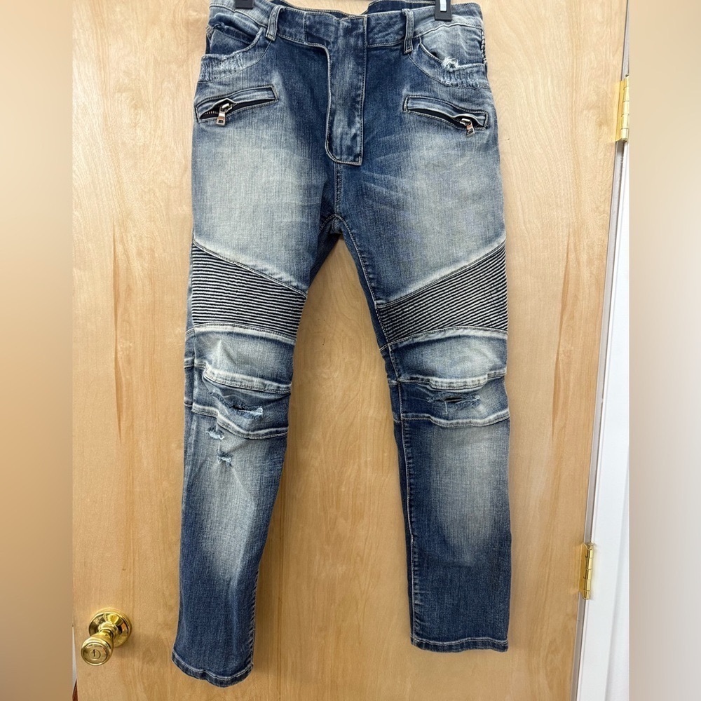 Balmain Slim Fit Biker Jeans in Blue Denim - Picture 11 of 16